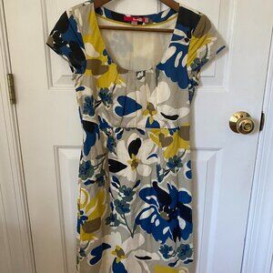 Boden Beige and Yellow Floral Short Cap Sleeve Sheath Dress with Pockets Size 2